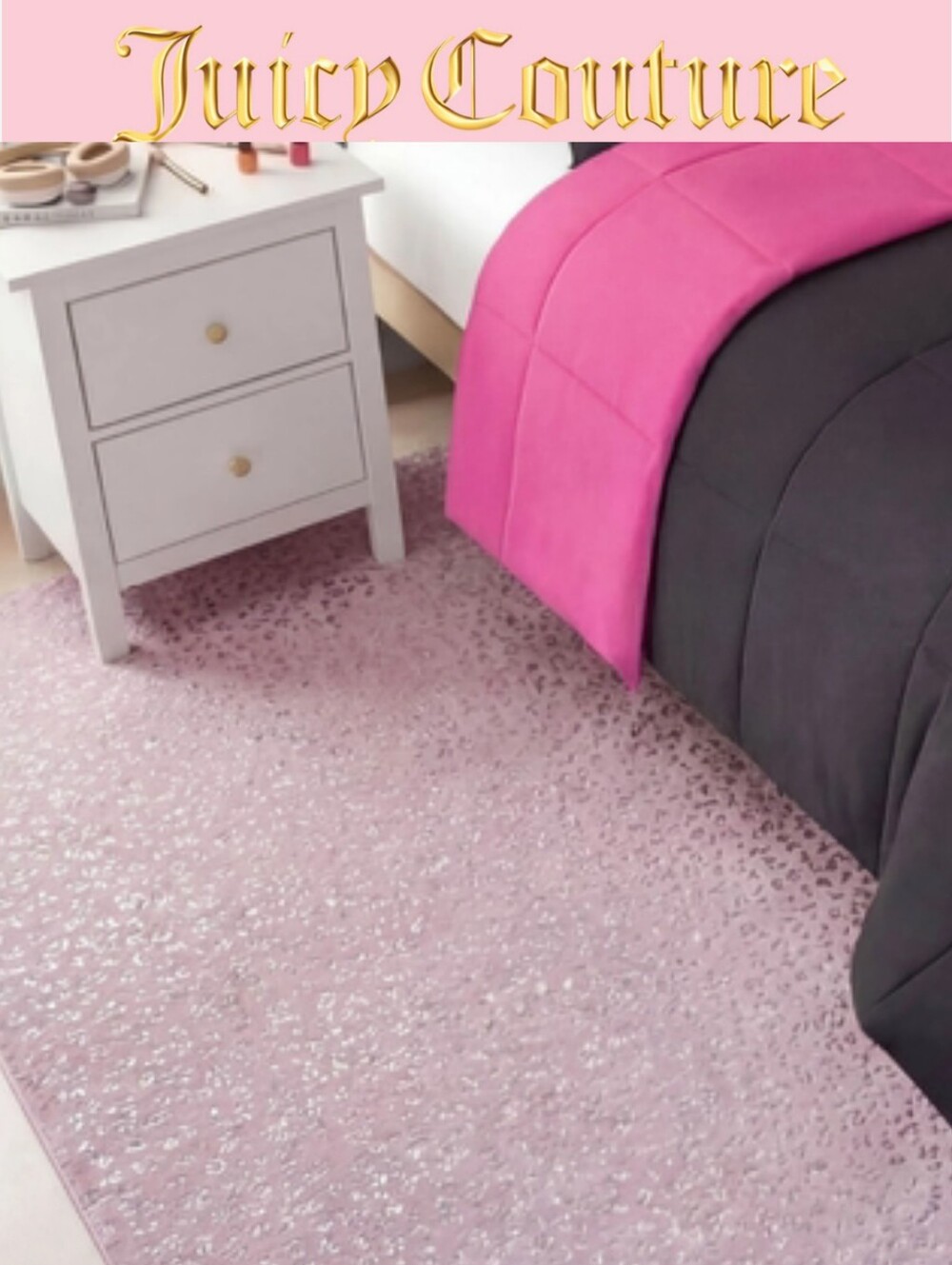 Juicy Couture Home Silver Foil Leopord Print Accent Rug- Pink